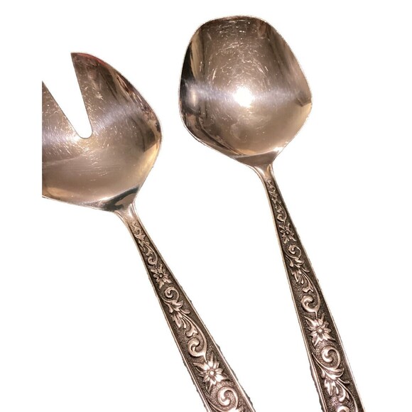 Vintage MCM Stainless Steel Floral Pattern Severing Folk & Spoon Set Japan - Picture 5 of 13